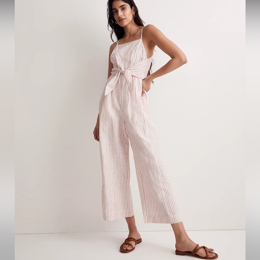 Madewell Linen-Blend Tie-Waist Crop Wide-Leg Jumpsuit in Stripe 00